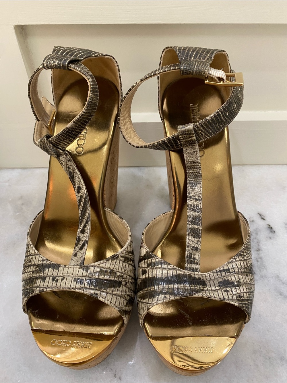 Jimmy Choo Snake Print Taupe and Brown Textured T-Strap Platform Sandals